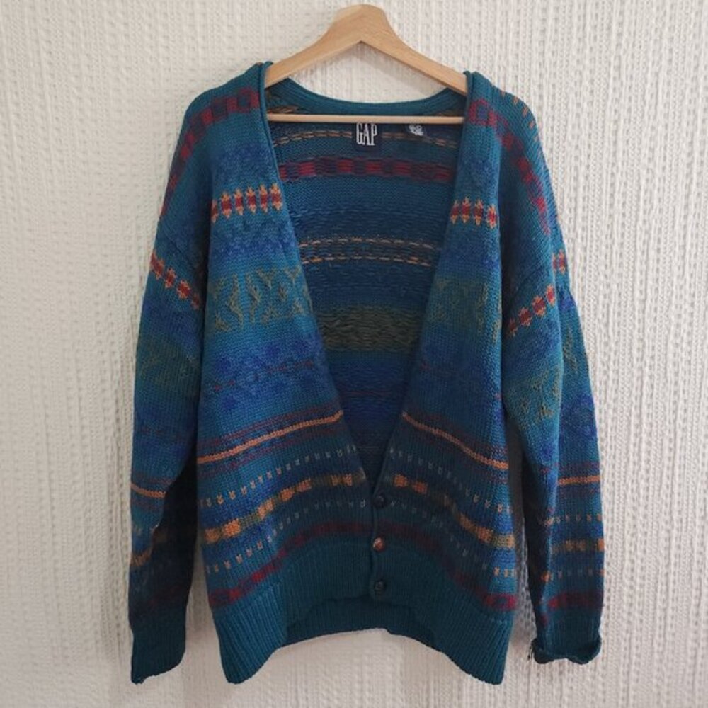 GAP Teal Multicolor Patterned Men's Cardigan